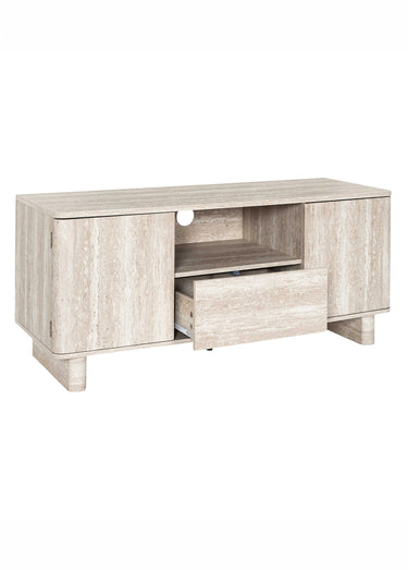 Meuble TV 3 portes, aspect pierre travertin Blanc/Beige