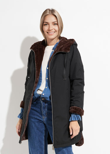 Parka réversible fourrure, avec capuche Noir