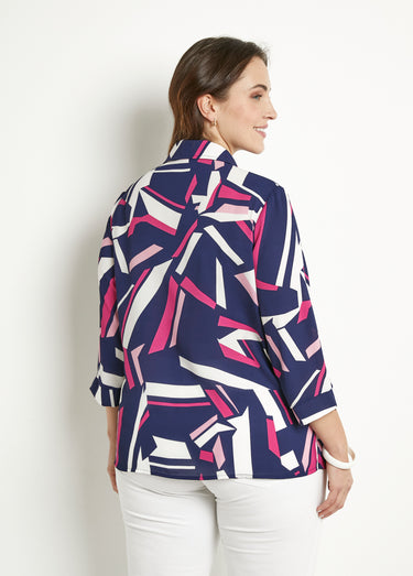 Chemisier droit graphique manches 3/4 Marine/Fuchsia