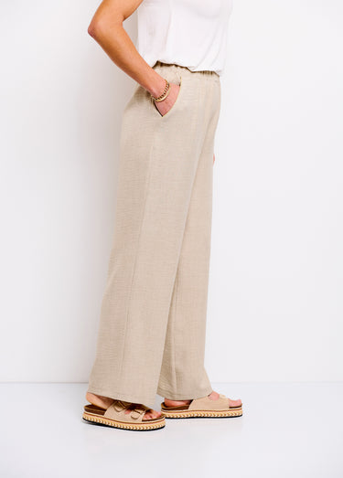 Pantalon large taille élastiquée aspect lin Beige