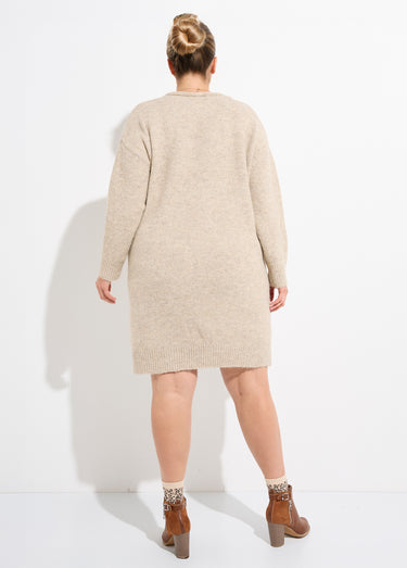 Robe pull longue col V avec laine Ecru