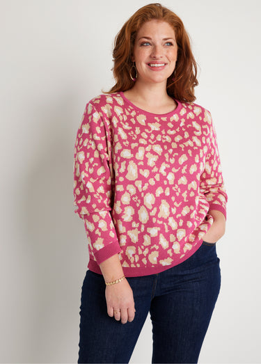 Pull motif léopard col rond Rose