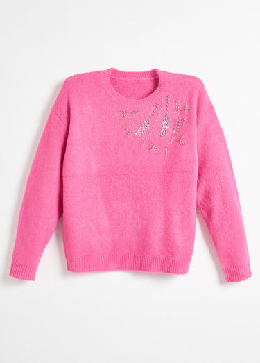 Pull doux col rond avec strass et sequins Rose