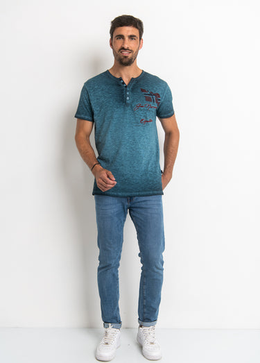 T-shirt col tunisien chiné avec motif Bleu