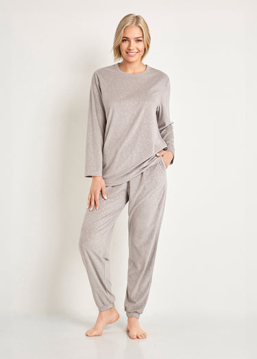 Pyjama pantalon col rond velours embossé pois Gris
