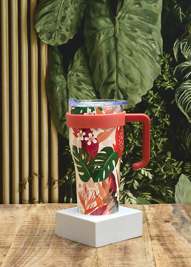 Mug de transport 0,6L floral avec paille Rouge