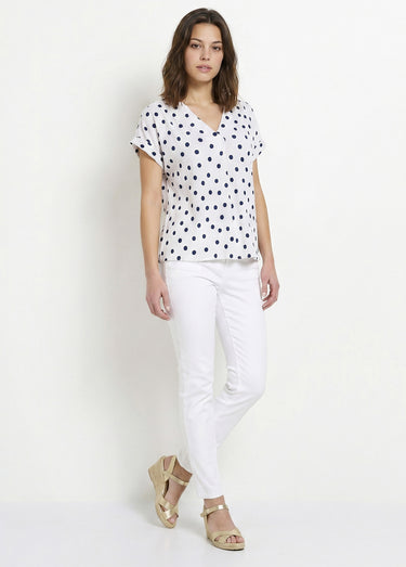 T-shirt ample imprimé pois col V Blanc/Marine