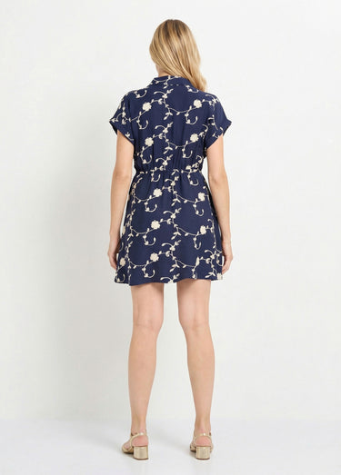 Robe courte taille nouée, fleurs brodées Marine