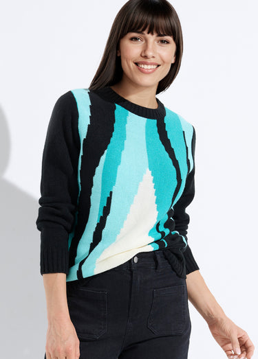 Pull chaud col rond jacquard graphique Noir/Aqua