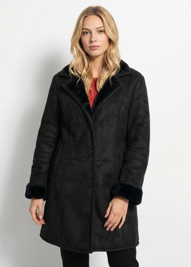 Manteau col tailleur façon peau lainée Noir