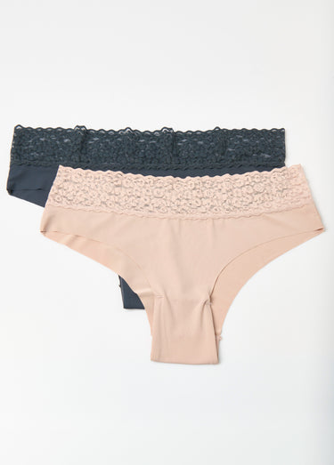 Shortys en microfibre, taille dentelle Beige/Bleu