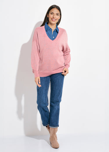 Pull col V maille fine jauge métallisée Vieux Rose