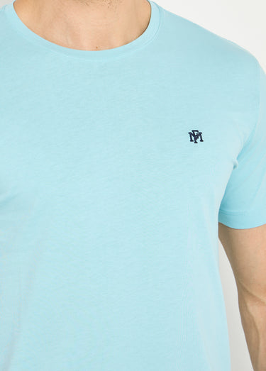 T-shirt col rond brodé manches courtes Bleu Ciel