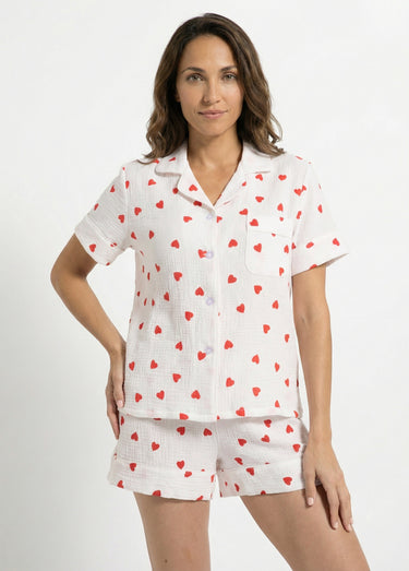 Pyjama short gaze de coton et cœurs Blanc
