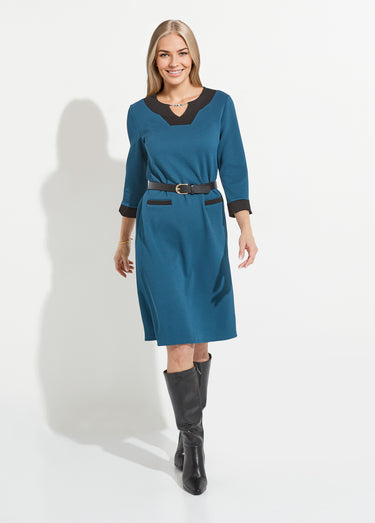 Robe courte droite bicolore manches 3/4 Bleu canard/noir