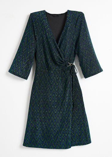Robe cache-coeur court maille brillante imprimée Bleu/Vert