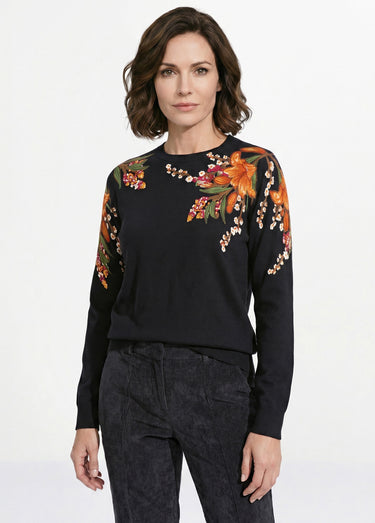Pull chaud col rond imprimé floral manches longues Noir
