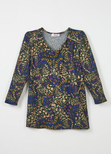 T-shirt long évasé manches 3/4 imprimé tachiste Violet/Beige