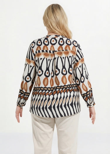 Blouse col V boutonné, imprimé ethnique Imprime Marron