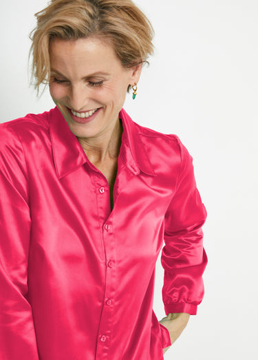 Chemisier long droit boutonné en satin Uni Fuchsia