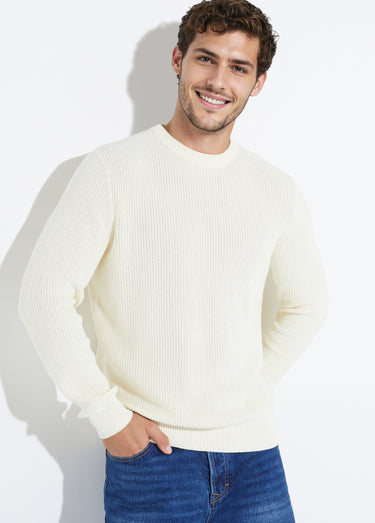 Pull col rond maille torsadée pur coton Ecru
