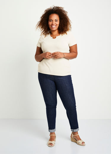 T-shirt court col rond bijou Uni Beige
