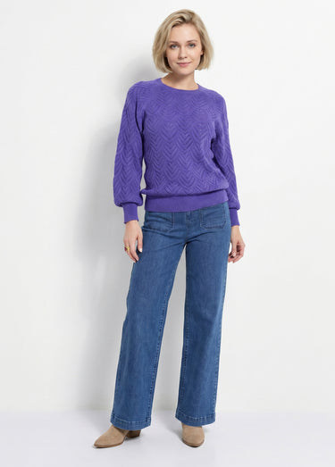 Pull doux court col rond uni ajouré Violet