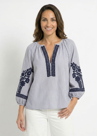 Blouse rayée avec broderies feuillages Bleu