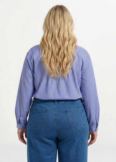 Blouse fines rayures avec col plissé Raye Bleu