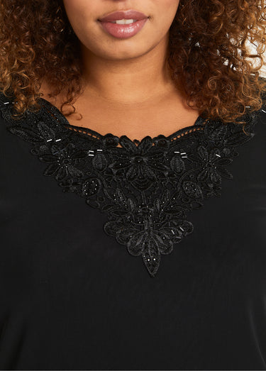T-shirt long ample résille brodée Noir