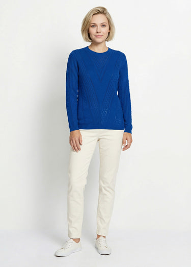 Pull col rond maille ajourée et boules Bleu