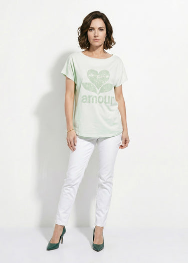 T-shirt col rond motif pailleté Amour Vert