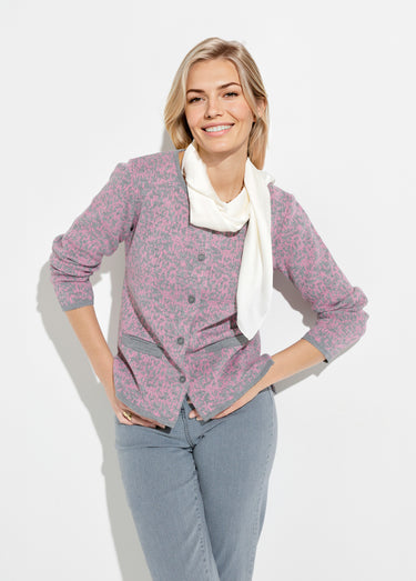 Gilet cardigan boutonné jacquard col rond Rose/Gris