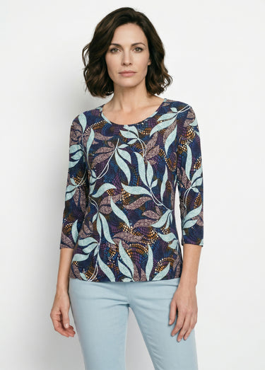 T-shirt droit manches 3/4 imprimé feuillage Imprime/Bleu