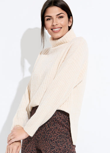 Pull col roulé manches longues descendues Uni Ecru