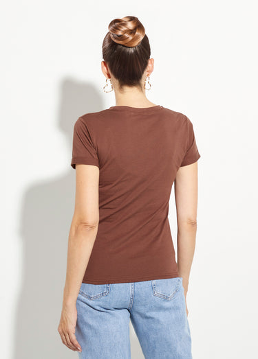 T-shirt col rond broderie coeur poitrine Marron