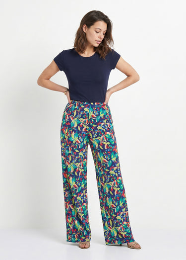 Pantalon fluide taille élastiquée maille Marine/Vert