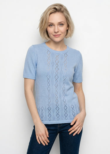 Pull ajouré perlé manches courtes Bleu