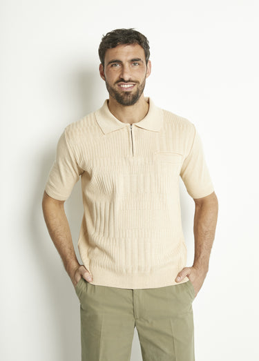 Polo zippé uni manches courtes coton cardé Beige