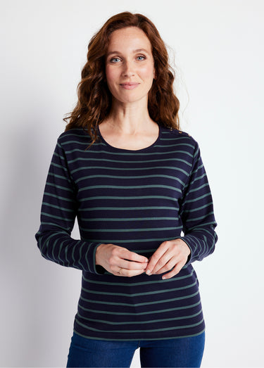 T-shirt marinière court coton manches longues Marine/Vert