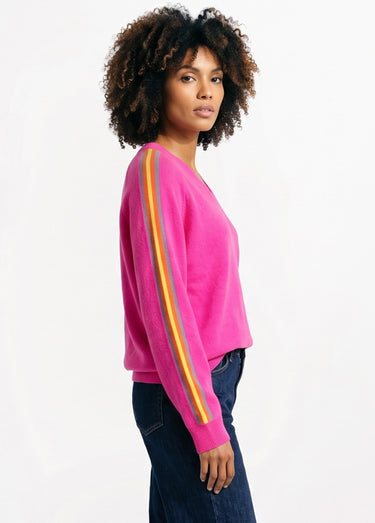 Pull col V manches lignes multicolores Fuchsia