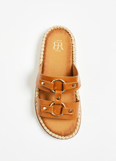 Mules compensées brides avec anneaux Camel
