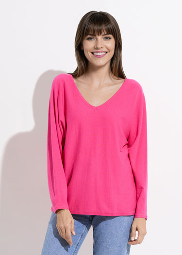 Pull en maille fine avec col V large Fuchsia