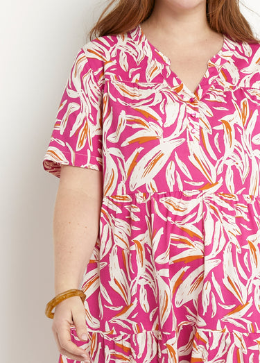 Robe col V boutonnée imprimée manches courtes Rose / Blanc