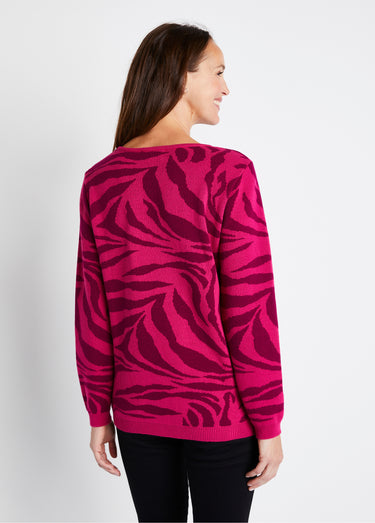 Pull doux jacquard zèbre col rond Fuchsia/Cassis