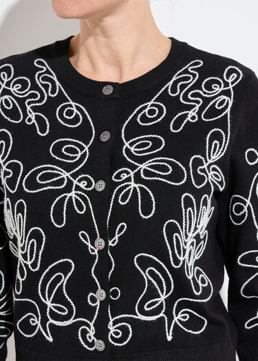 Gilet cardigan boutonné court brodé Noir/Ecru