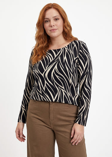 T-shirt zébré décolleté dos manches 3/4 Beige/Noir