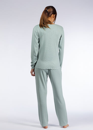 Pyjama long uni col V pointelle Vert