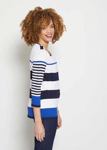 Pull manches 3/4 rayé Marine/Bleu