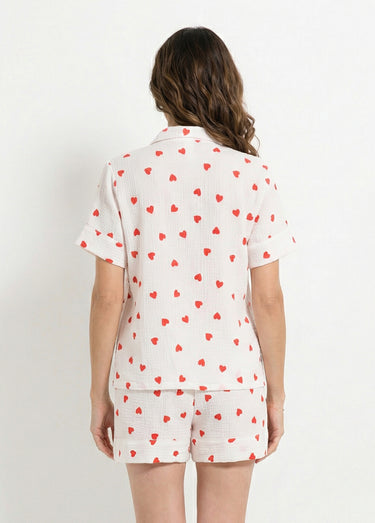 Pyjama short gaze de coton et cœurs Blanc
